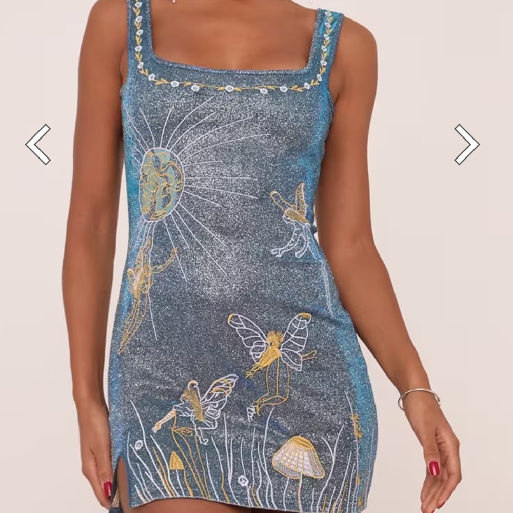 Square Neck Midnight Graphic Print Mini Bodycon Dress In Blue Glitter